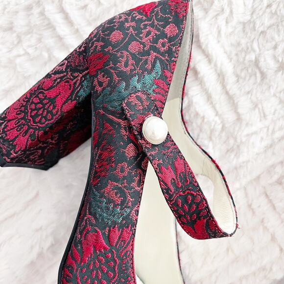 1901 Red Floral Brocade Mary Jane Heels with Pearl Detail - Picture 2 of 10